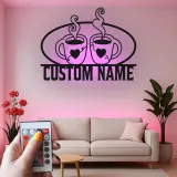 Cartel de metal personalizado con luz LED para pareja de tazas de café, regalo personalizado para cocina o decoración de café
