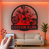 Décoration murale en métal LED personnalisée pour coureur de moto - Cadeau pour motards, décoration de garage ou de man cave