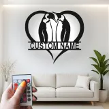 Arte Murale in Metallo Personalizzata con Pinguino e LED | Regalo di Anniversario per Coppia | Insegna Silhouette a Cuore per Amanti dei Pinguini