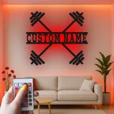 Insegna in metallo personalizzata con bilanciere e luce LED regalo per appassionati di fitness decorazione per home gym