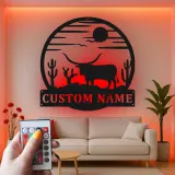 Cartel LED Texas Longhorn | Arte mural de metal para rancho | Decoración rústica occidental para vaqueros