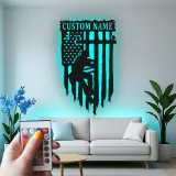 Cartel LED de liniero con bandera americana | Decoración mural de metal con nombre personalizado | Regalo patriótico para electricistas | Decoración para trabajador de servicios públicos