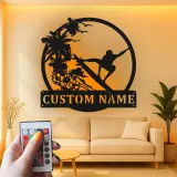 Custom Surfer Metal Wall Art | Personalized LED Beach House Decor | Tropical Wave Silhouette Sign | Gift for Ocean Lovers