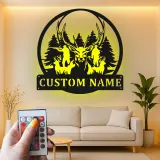 Insegna in metallo personalizzata con luce LED per famiglia di cervi - Regalo personalizzato per cacciatori, decorazione per cabin o lodge