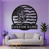 Cartel de metal personalizado de pesca con LED | Regalo para angler personalizado | Arte mural patriótico de casa de campo y cabaña