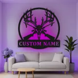 Décoration murale en métal personnalisée avec crâne de cerf et fusils, rétroéclairage LED, cadeau pour chasseur, décoration pour homme ou chalet