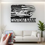 Black Hawk Helicopter LED Metal Wall Art | Personalized Pilot Gift | Custom Name Sign | Patriotic American Flag Wall Decor