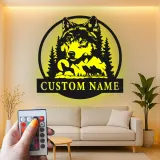 Cartel de metal personalizado con luz LED de lobo y bosque, regalo de vida salvaje personalizado para amantes de la naturaleza, decoración para cabañas