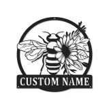 Custom Bee and Flower Led Light Metal Wall Art Personalized Garden Lover Gift Outdoor Patio Decor
