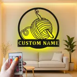Custom Yarn and Crochet Hook Led Light Metal Wall Art Knitting Gift for Crafters Craft Room Decor