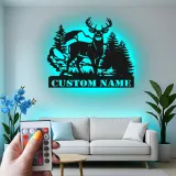 Insegna in metallo personalizzata con luce LED per foresta di cervi - Regalo personalizzato per cacciatori, decorazione rustica per cabin