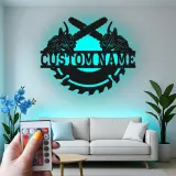 Insegna in metallo personalizzata con luce LED a forma di motosega e lama di sega, regalo unico per falegnami
