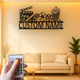 Panneau de Cinéma Personnalisé | Art mural en métal LED de Cinéma Personnalisé | Décor de Salle de Cinéma Familiale | Panneau Lumineux Bobine de Film & Popcorn