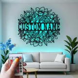 Cartel de nombre floral personalizado con LED | Arte mural de metal personalizado para ella | Decoración moderna boho para guardería y sala de estar
