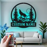 Custom Wolf Howling Led Light Metal Wall Art Personalized Nature Lover Gift Rustic Cabin Decor 2