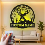 Insegna in metallo LED personalizzata con cervo e foresta, regalo per amanti della natura, decorazione rustica per cabin