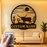 Cartel LED Texas Longhorn | Arte mural de metal para rancho | Decoración rústica occidental para vaqueros