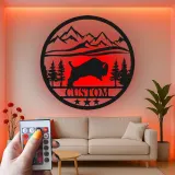 Cartel de metal LED personalizado de escena de montaña con búfalo, regalo para amantes de la naturaleza, decoración de cabaña rústica