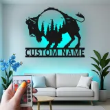 Insegna in metallo personalizzata con silhouette di bisonte retroilluminata LED regalo per amanti della fauna selvatica decorazione rustica per la casa