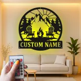 Cartel de metal LED personalizado de fogata de montaña regalo para amantes del aire libre decoración de cabaña o patio