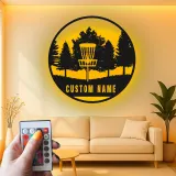 Décoration murale en métal personnalisée avec rétroéclairage LED pour panier de disc golf - Cadeau personnalisé pour passionnés de disc golf