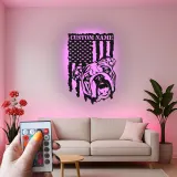 Décoration murale en métal personnalisée avec bulldog et drapeau américain éclairée LED - Cadeau pour amoureux des chiens, décoration intérieure patriotique