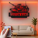 Arte in Metallo Tank Militare | Insegna LED Personalizzata con Nome per Soldato | Decorazione per Man Cave e Garage