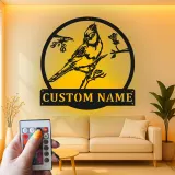 Custom Bird on Branch Led Light Metal Wall Art Personalized Nature Lover Gift Living Room or Garden Decor 1