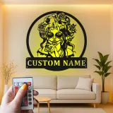 Custom Sugar Skull Metal Sign | LED Day of The Dead Wall Art | Personalized Gothic Home & Salon Decor with Nameplate