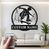 Insegna LED con nome per skateboarder | Arte da parete in metallo personalizzata per camera dei ragazzi | Decorazione urbana per skater personalizzata | Regalo per figlio