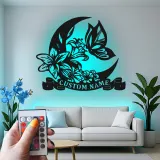 Insegna in metallo LED personalizzata con luna e farfalla - Regalo per lei, decorazione per camera da letto o nursery