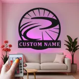 Insegna in metallo LED personalizzata con ruota di bicicletta regalo per ciclisti decorazione per garage o soggiorno
