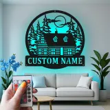 Custom Cabin in the Woods Led Light Metal Wall Art Personalized Housewarming Gift Rustic Home Decor
