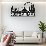 Cartel de pesca personalizado con luz LED | Arte mural de metal personalizado para casa de campo | Regalo para pescador y angler