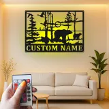 Custom Bear Forest Scene Led Light Metal Wall Art Personalized Wildlife Gift Cabin Decor for Nature Lovers