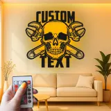 Mechanic Skull LED Sign | Custom Metal Wall Art for Garage | Personalized Man Cave Decor | Biker Bar & Workshop Gift Idea
