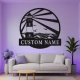 Personalisierte Metalltafel Leuchtturm | LED Strandhaus Dekor | Personalisierte Nautische Wandkunst | Küsten-Ozeanszene