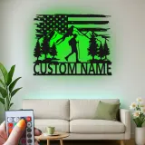 Arte mural de metal personalizado para senderismo | Letrero LED con senderista y bandera de EE. UU. | Regalo para amantes del aire libre