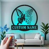 Décoration murale en métal personnalisée Papillon et Fleurs avec Rétroéclairage LED Cadeau pour Amateurs de Jardin Décor de Chambre ou de Patio