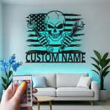 Art mural en métal LED avec crâne patriote | Panneau de garage mécanicien personnalisé | Décoration de man cave pour lui