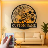 Custom Bee and Flowers Led Light Metal Wall Art Personalized Gift for Nature Lovers Garden or Living Room Decor