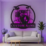 Insegna in metallo LED a forma di set di tamburi personalizzata Regalo per musicisti Decorazione per studio musicale o camera da letto
