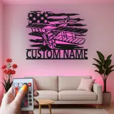 Décoration murale en métal personnalisée avec rétroéclairage - Drapeau américain - Cadeau pour pilote, hangar ou bureau