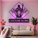 Enseigne LED personnalisée chasseur et crâne de cerf | Décoration murale en métal sur mesure pour chalet | Cadeau de chasse pour homme