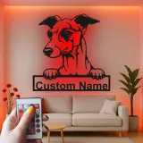 Cartel personalizado con nombre de galgo | Decoración mural de metal con LED | Decoración personalizada para mascotas en la entrada | Regalo para amantes de los perros