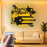 Panneau Métal LED Porto Rico Personnalisé | Art Murale Palmier des Caraïbes Personnalisé | Décor Boricua & Idée de Cadeau Insulaire