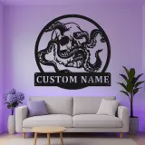 Panneau en métal LED Crâne & Pieuvre | Décoration murale personnalisée | Décor gothique nautique pour chambre de pirate, bar ou homme cave