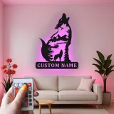Cartel de metal personalizado de lobo aullando con luz LED Regalo para amantes de la naturaleza Decoración rústica de cabaña 3
