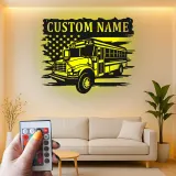 Personalized School Bus Driver LED Sign | American Flag Metal Wall Art | Custom Name Gift for Garage or Office Decor
