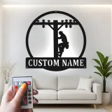 Enseigne en métal personnalisée pour lineman | Décoration murale LED pour électricien | Déco de poteau électrique pour garage ou bureau